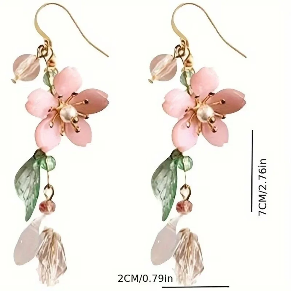 Pink Cherry Blossom Sakura Flower Dangle Earrings Gold Tone Floral Drop Jewelry
